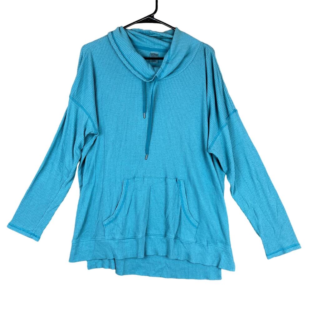 St Johns Bay Active Womens Sweatshirt Teal Cowl Neck Kangaroo Pocket Ribbed XXL
